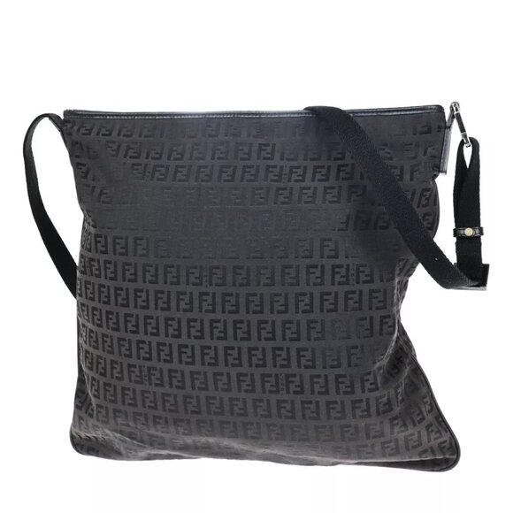 FENDI Logo Zucca Pattern Shoulder Bag Canvas Leather Black Brown Italy 32KA326 - Picture 1 of 13